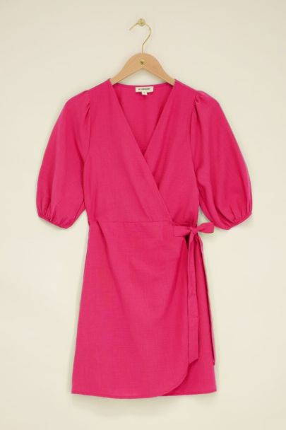 Pink puff-sleeved wrap dress with bow