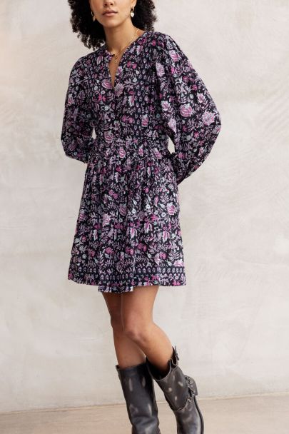 Black dress with lilac and pink flower print