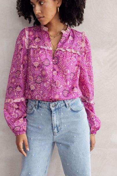 Roze blouse met ruffles en bloemenprint