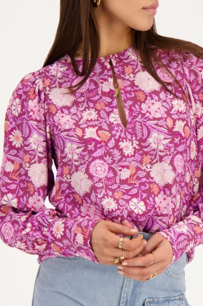 Paarse blouse met roze bloemenprint