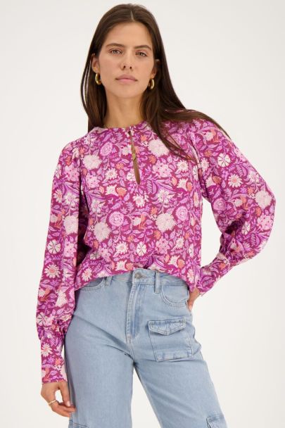 Purple blouse with pink floral print