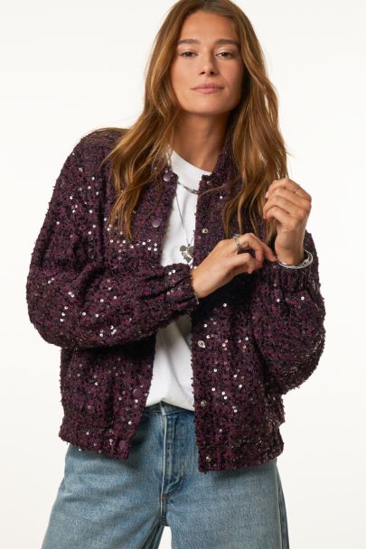 Paars bomber jacket met pailletten