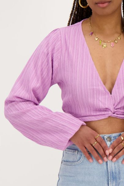 Paarse crinkle crop top met knoopdetail