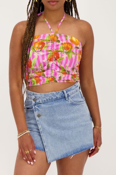 Roze crop top met sinaasappel print 