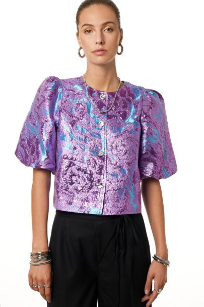 Paarse jacquard top met korte pofmouwen