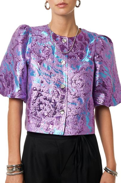 Paarse jacquard top met korte pofmouwen