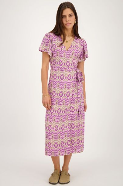 Paarse midi wikkeljurk met aztec print