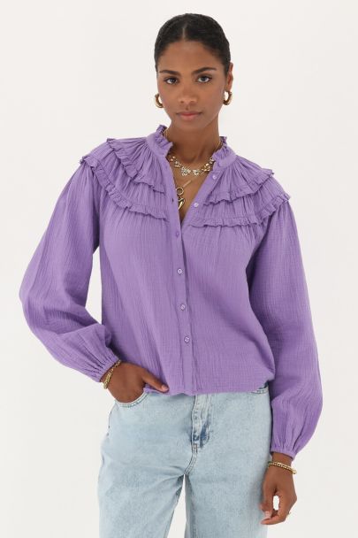 Paarse mousseline blouse met ruffles