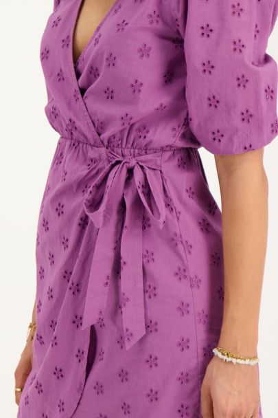 Purple wrap dress with floral embroidery