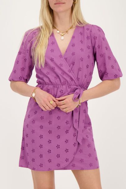 Purple wrap dress with floral embroidery