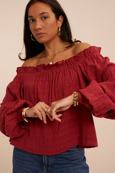 Top en jacquard rouge &agrave; &eacute;paules d&eacute;nud&eacute;es