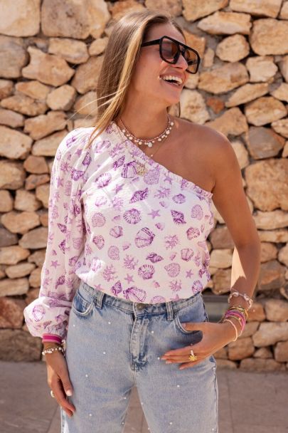 White one-shoulder top with purple sea print