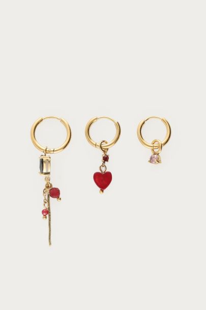 Set of three hoop earrings with heart