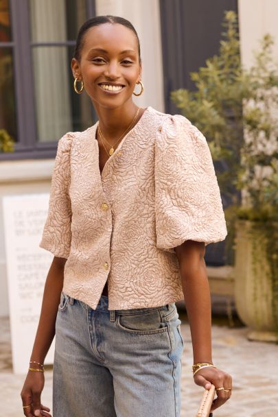 Beige jacquard top met rozen