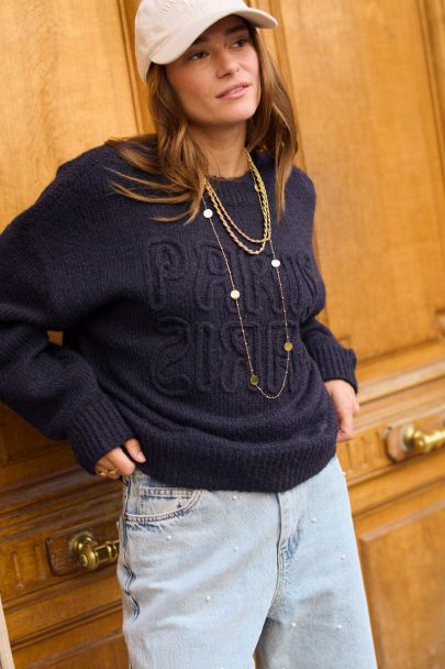Pull brodé bleu foncé "Paris Paris"