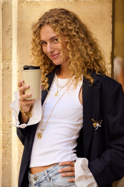 Donkerblauwe oversized krijtstreep blazer met popline cuff