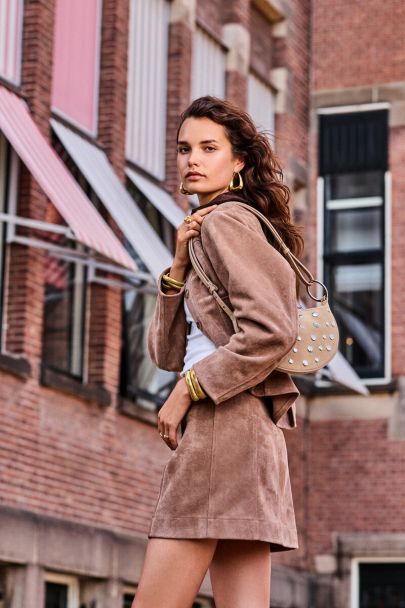 Bruine jas in suède look met corduroy kraag