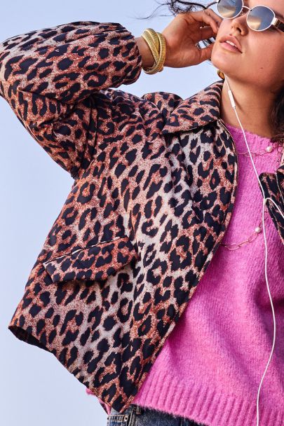 Bruin bomber jacket met panterprint