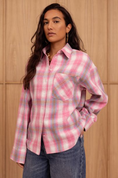 Roze geruite flanellen blouse