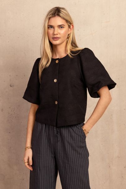 Schwarzes Jacquard-Oberteil mit Puffärmeln