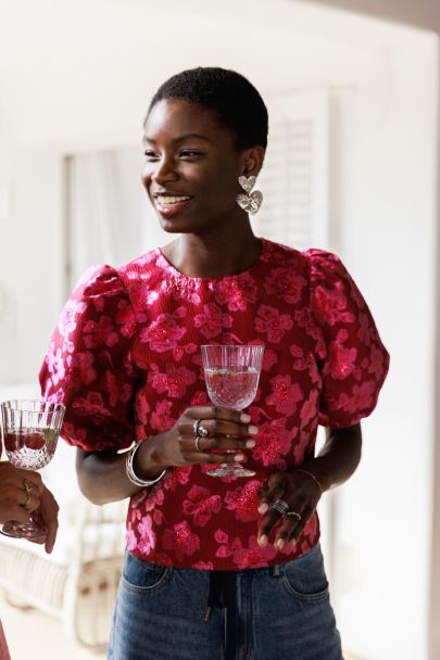 Roze bloemen jacquard top met pofmouwen