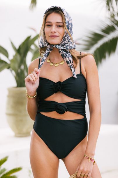 Black swimsuit with cut out and 3D flowers