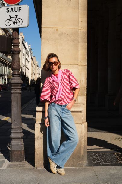 Blue wide leg jeans with asymmetric hem