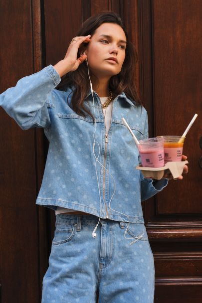 Blue wide leg jeans with polka dot