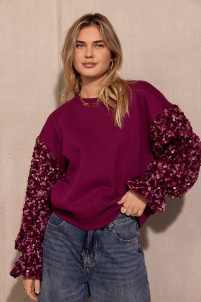 Paarse sweater met pailletten mouwen