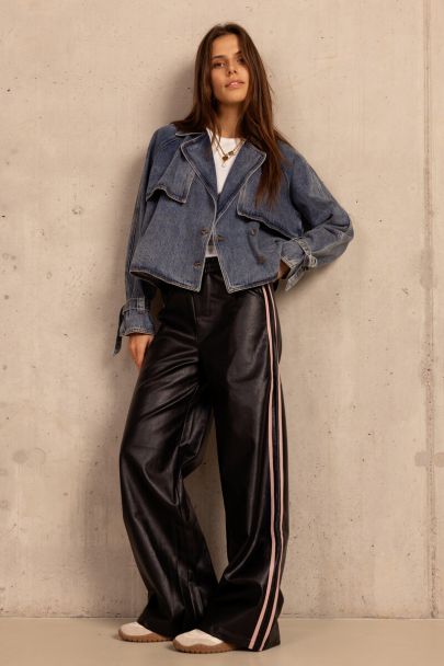 Zwarte PU wijde broek met tapes