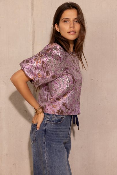 Roze jacquard top met korte pofmouwen