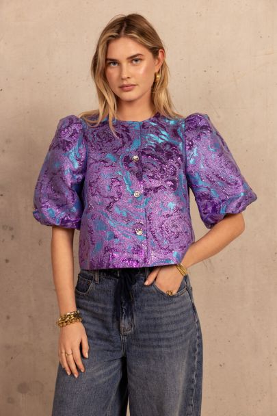 Paarse jacquard top met korte pofmouwen