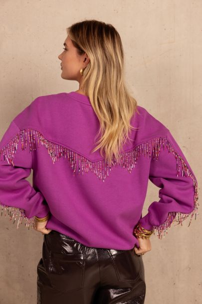 Paarse sweater met gekleurde kralen franjes