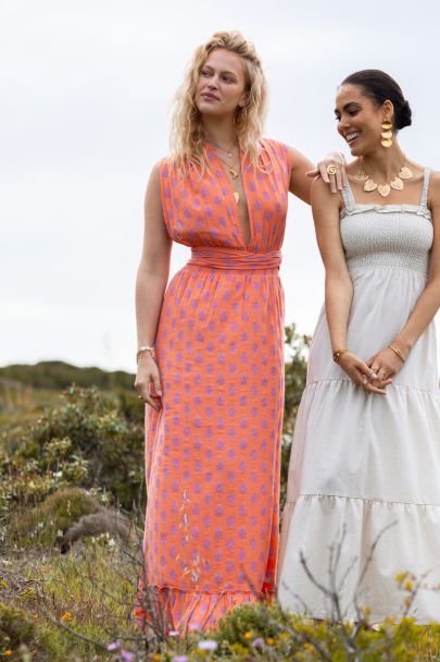Oranje multiway wikkel maxi jurk met print