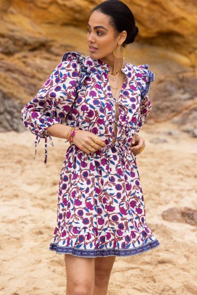 White dress with floral print & ruffles