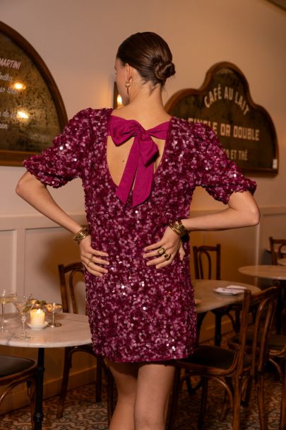 Purple dress with puff sleeves and sequins
