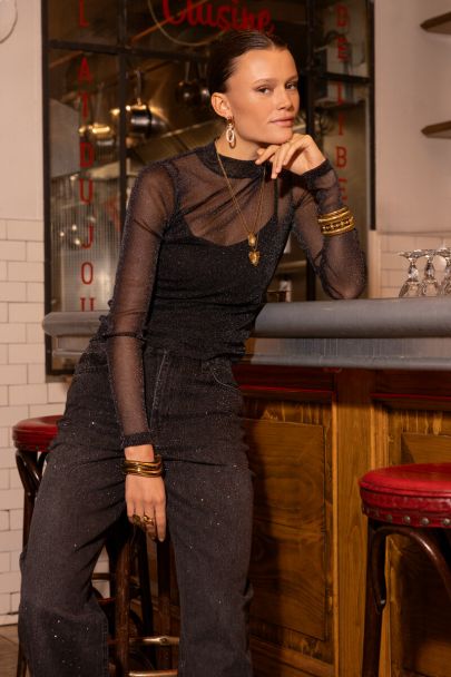 Zwarte mesh top met glitter