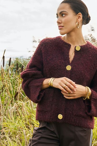Brown bouclé cardigan with buttons and pockets