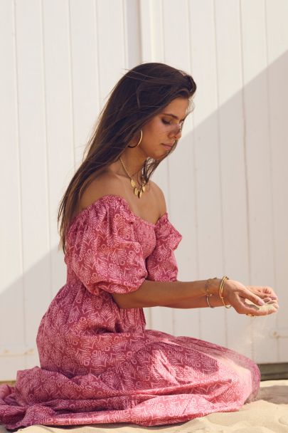Roze maxi jurk met print en pofmouwen