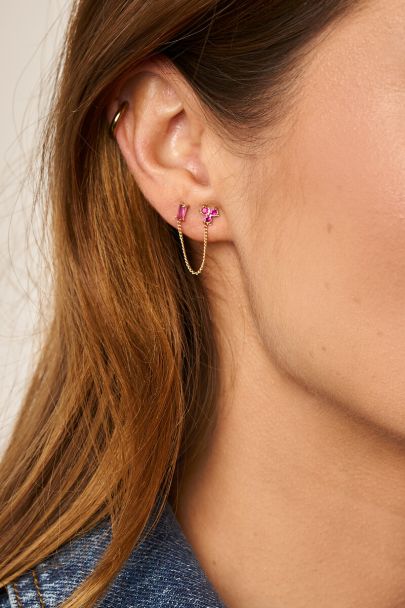 Puce d'oreille en strass rouge avec chaînette unique