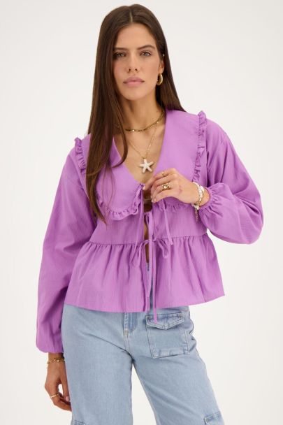 Gestreepte paarse blouse met strikjes 