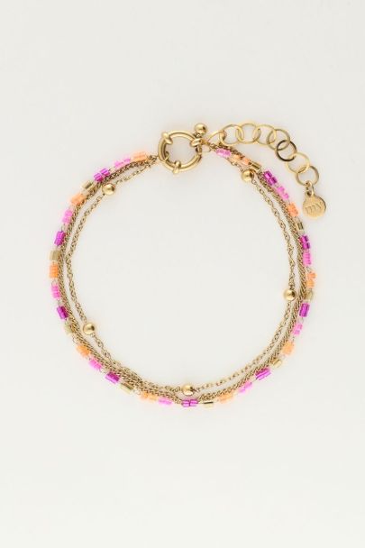 Driedubbele armband met oranje & roze kralen