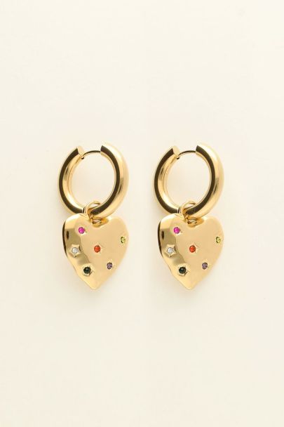 Universe hoop earrings with heart charm and multicoloured rhinestones