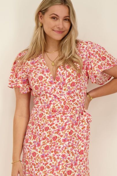 White belted midi dress with red floral print