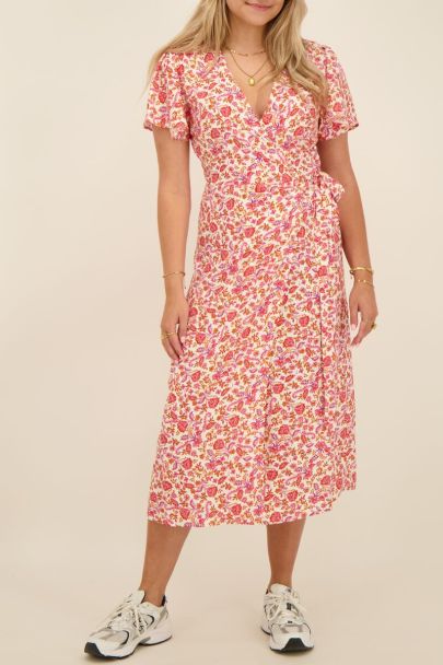 White belted midi dress with red floral print