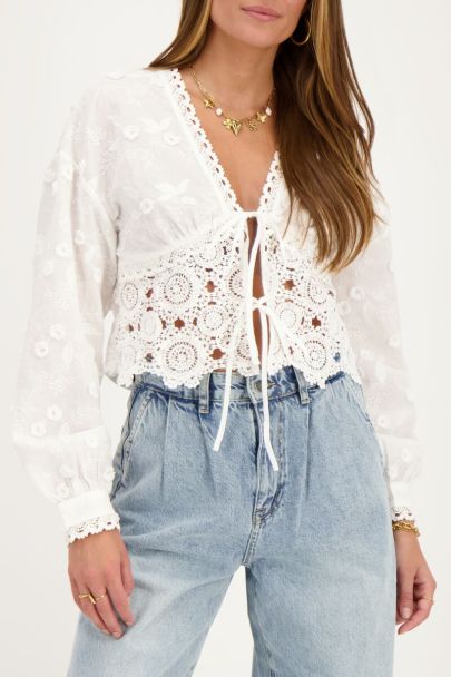White embroidered bow top with crochet
