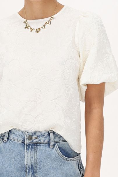 Witte jacquard top met pofmouwen