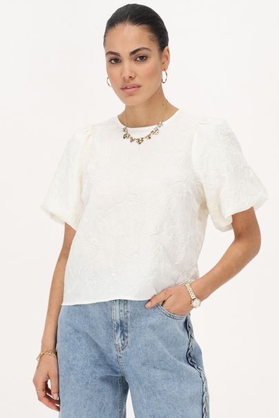 Witte jacquard top met pofmouwen