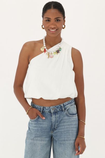Weißes, drapiertes One-Shoulder-Top