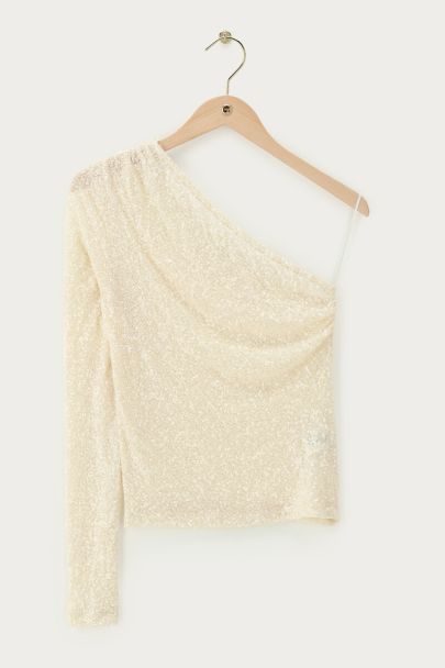 Witte one-shoulder top met pailletten